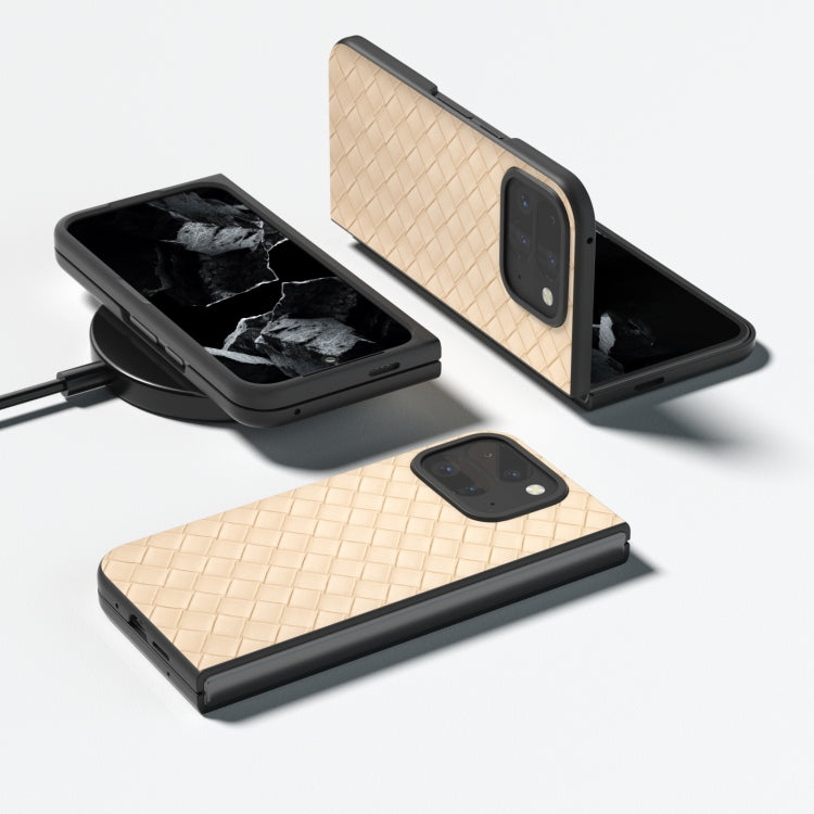 For Google Pixel 9 Pro Fold Black Frame Woven Texture PU Phone Case(Beige) - Google Cases by PMC TechLife | Online Shopping South Africa | PMC TechLife | Buy Now Pay Later Mobicred