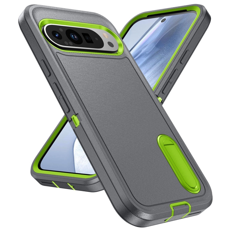 For Google Pixel 9 Pro Rugged PC + Silicone Phone Case with Holder(Grey+Fresh Green) - Google Cases by PMC Jewellery | Online Shopping South Africa | PMC Jewellery | Buy Now Pay Later Mobicred