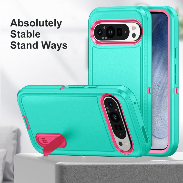 For Google Pixel 9 Pro Rugged PC + Silicone Phone Case with Holder(Light Green+Rose Red) - Google Cases by PMC TechLife | Online Shopping South Africa | PMC TechLife | Buy Now Pay Later Mobicred