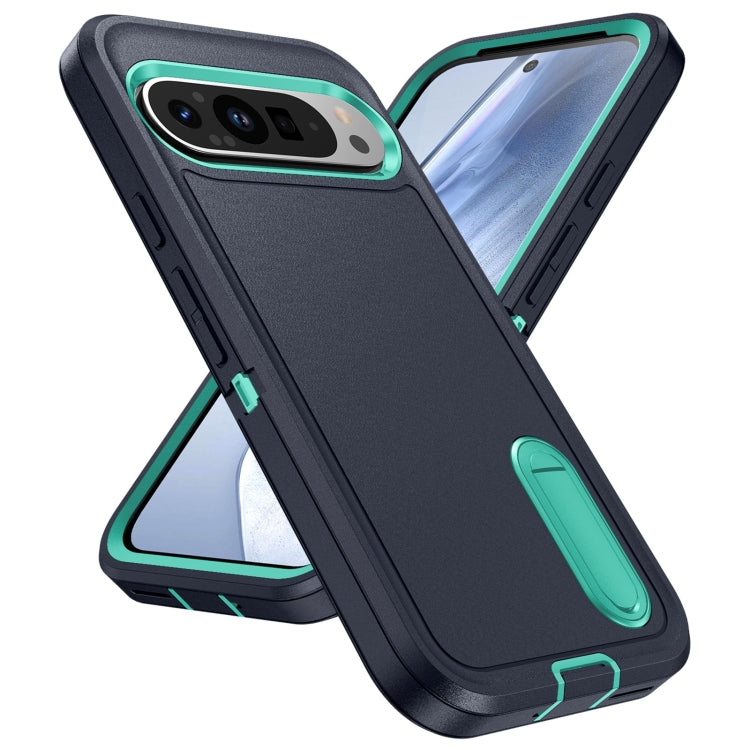 For Google Pixel 9 Pro Rugged PC + Silicone Phone Case with Holder(Dark Blue+Light Green) - Google Cases by PMC Jewellery | Online Shopping South Africa | PMC Jewellery | Buy Now Pay Later Mobicred