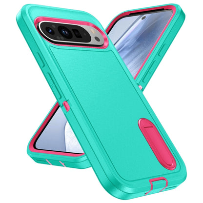 For Google Pixel 9 Rugged PC + Silicone Phone Case with Holder(Light Green+Rose Red) - Google Cases by PMC Jewellery | Online Shopping South Africa | PMC Jewellery | Buy Now Pay Later Mobicred