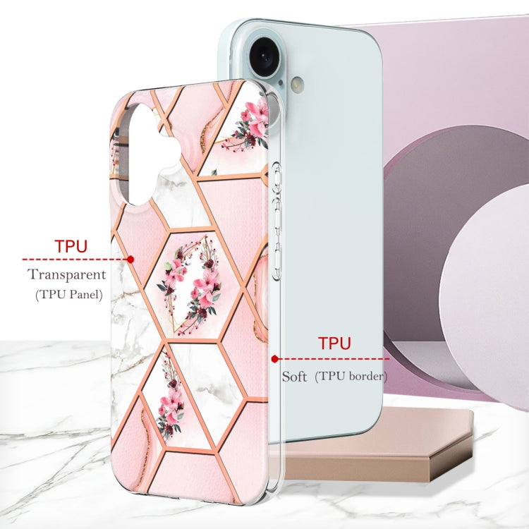 For iPhone 16 Plus Splicing Marble Flower IMD TPU Phone Case(Pink Flower) - iPhone 16 Plus Cases by PMC TechLife | Online Shopping South Africa | PMC TechLife | Buy Now Pay Later Mobicred