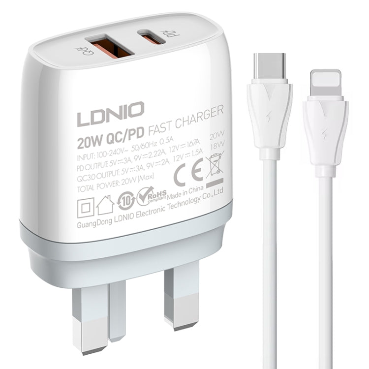 LDNIO Q229 QC3.0 / PD20W USB + Type-C Fast Charger with 1m Type-C to 8 Pin Cable, Plug Type:UK Plug(White) - USB Charger by LDNIO | Online Shopping South Africa | PMC Jewellery | Buy Now Pay Later Mobicred