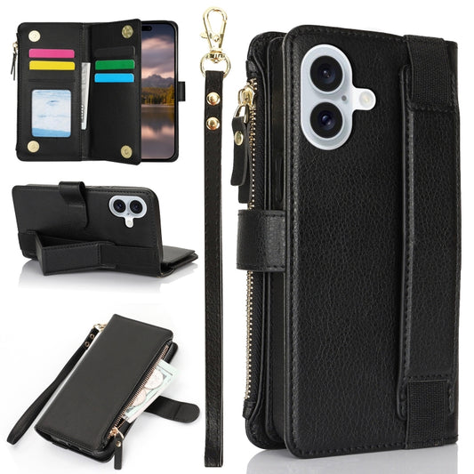 For iPhone 16 Wristband Holder Zipper Purse RFID Leather Phone Case(Black) - iPhone 16 Cases by PMC Jewellery | Online Shopping South Africa | PMC Jewellery | Buy Now Pay Later Mobicred