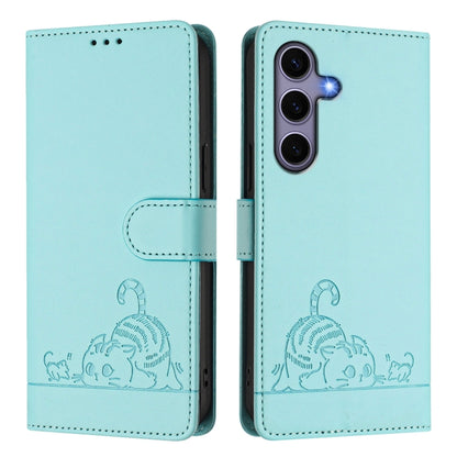 For Samsung Galaxy S25 5G Cat Rat Embossed RFID Leather Phone Case with Lanyard(Mint Green) - Galaxy S25 5G Cases by PMC Jewellery | Online Shopping South Africa | PMC Jewellery | Buy Now Pay Later Mobicred