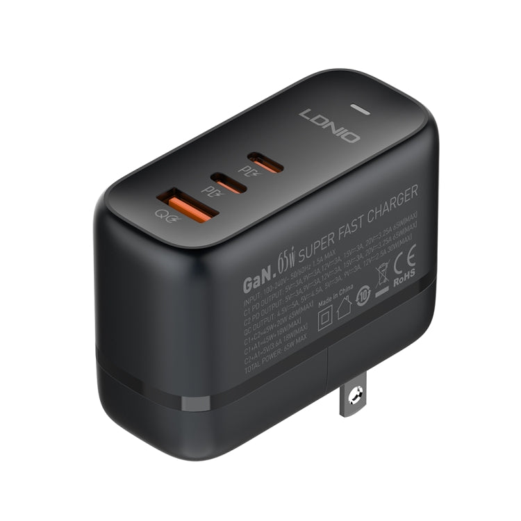 LDNIO Q366 65W USB + Dual Type-C Port Charger with 1m USB-C / Type-C to USB-C / Type-C Data Cable, Plug Type:US Plug(Black) - USB Charger by LDNIO | Online Shopping South Africa | PMC Jewellery | Buy Now Pay Later Mobicred