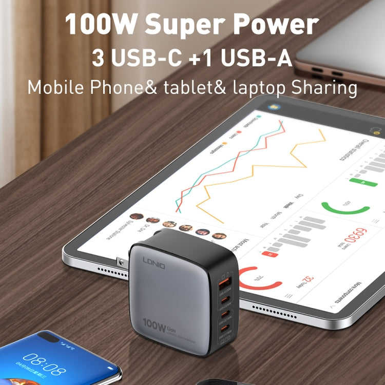 LDNIO Q408 100W GaN USB+3 USB-C / Type-C Interface Charger with 1m 100W USB-C / Type-C to USB-C / Type-C Data Cable, Plug Type:US Plug(Black) - free shipping - PMC Jewellery - Order now!