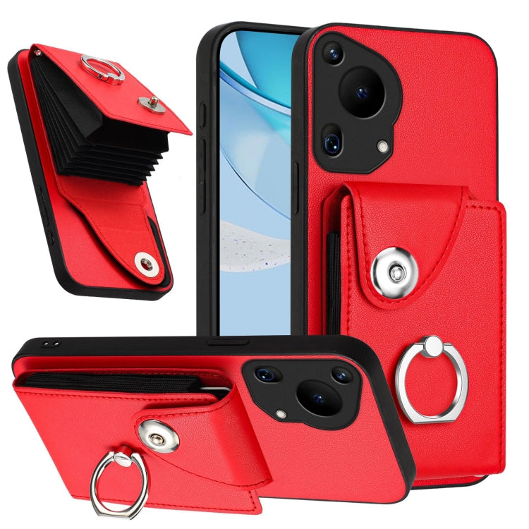 For Huawei Pura 70 Ultra Organ Card Bag Ring Holder Phone Case(Red) - Huawei Cases by PMC Jewellery | Online Shopping South Africa | PMC Jewellery | Buy Now Pay Later Mobicred