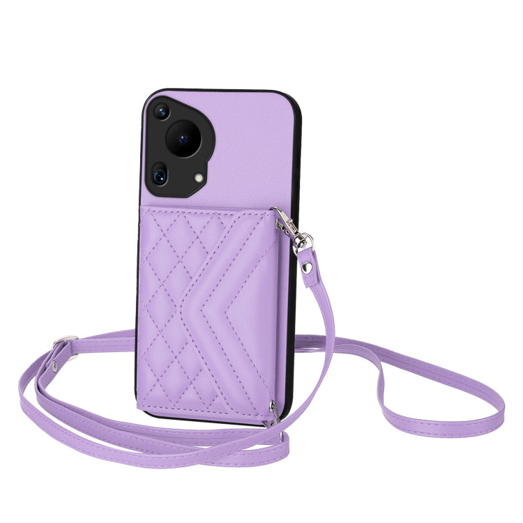 For Huawei Pura 70 Ultra Rhombic Texture Card Bag RFID Phone Case with Long Lanyard(Light Purple) - Huawei Cases by PMC Jewellery | Online Shopping South Africa | PMC Jewellery | Buy Now Pay Later Mobicred