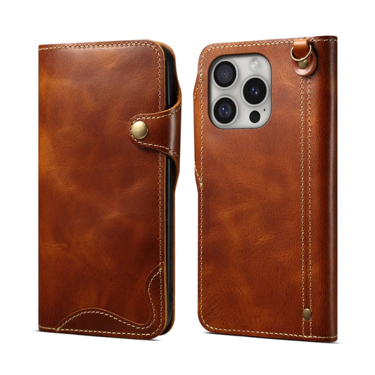 For iPhone 16 Pro Denior B01 Oil Wax Cowhide Magnetic Button Genuine Leather Case(Brown) - iPhone 16 Pro Cases by Denior | Online Shopping South Africa | PMC Jewellery | Buy Now Pay Later Mobicred