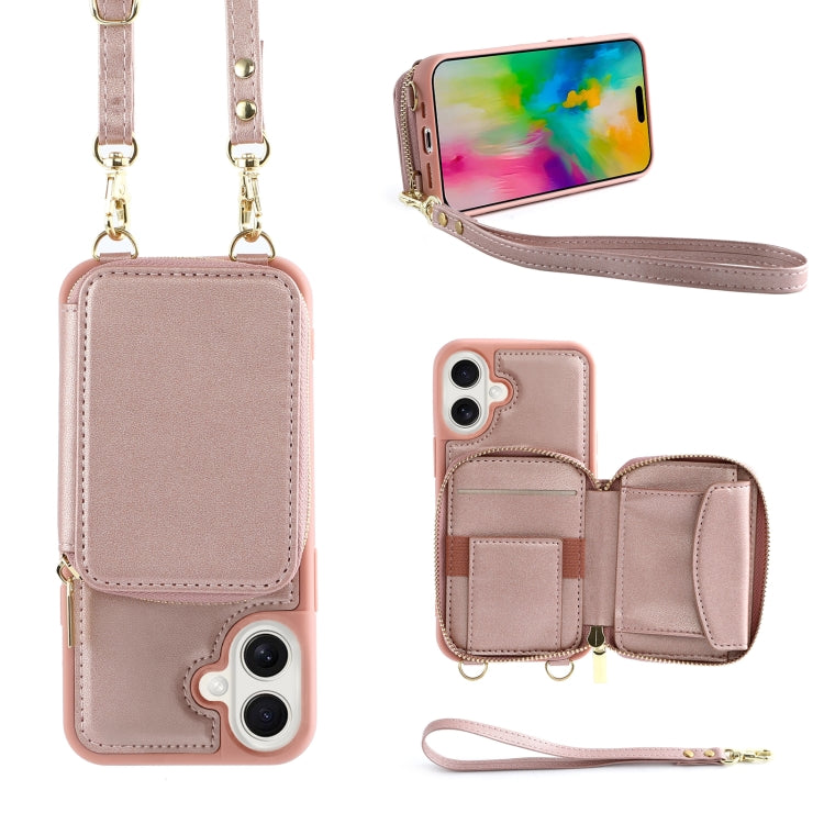 For iPhone 16 Plus Crossbody Zipper Wallet Bag Leather Phone Case with Lanyard(Rose Gold) - iPhone 16 Plus Cases by PMC Jewellery | Online Shopping South Africa | PMC Jewellery | Buy Now Pay Later Mobicred