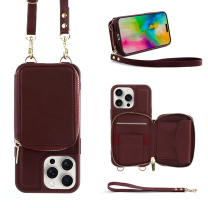 For iPhone 16 Pro Max Crossbody Zipper Wallet Bag Leather Phone Case with Lanyard(Wine Red) - iPhone 16 Pro Max Cases by PMC Jewellery | Online Shopping South Africa | PMC Jewellery | Buy Now Pay Later Mobicred