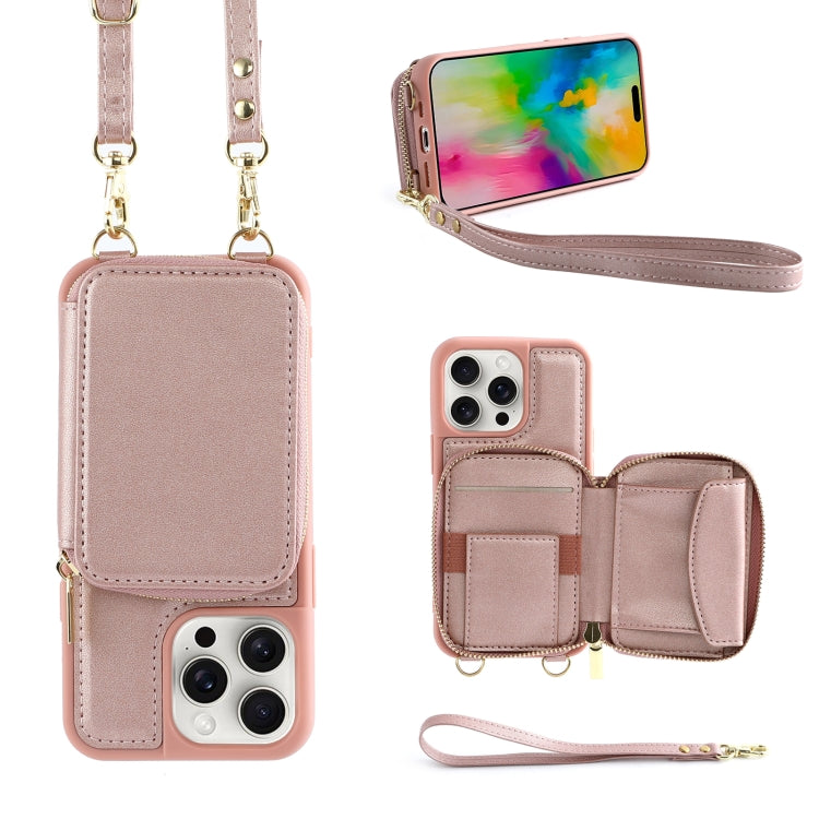 For iPhone 16 Pro Max Crossbody Zipper Wallet Bag Leather Phone Case with Lanyard(Rose Gold) - iPhone 16 Pro Max Cases by PMC Jewellery | Online Shopping South Africa | PMC Jewellery | Buy Now Pay Later Mobicred