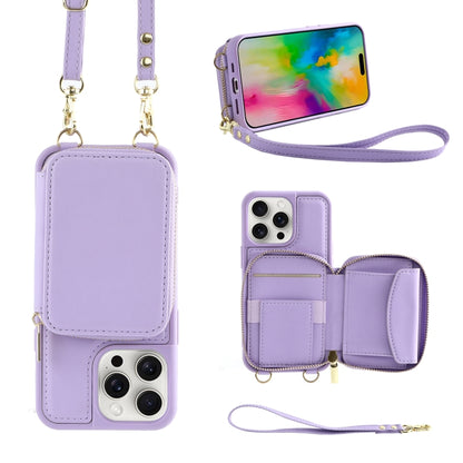 For iPhone 16 Pro Max Crossbody Zipper Wallet Bag Leather Phone Case with Lanyard(Purple) - iPhone 16 Pro Max Cases by PMC Jewellery | Online Shopping South Africa | PMC Jewellery | Buy Now Pay Later Mobicred