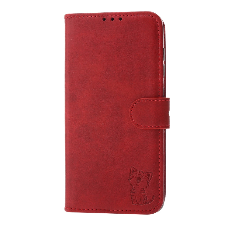 For Samsung Galaxy S25+ 5G Embossed Happy Cat Pattern Flip Leather Phone Case(Red) - Galaxy S25+ 5G Cases by PMC Jewellery | Online Shopping South Africa | PMC Jewellery | Buy Now Pay Later Mobicred