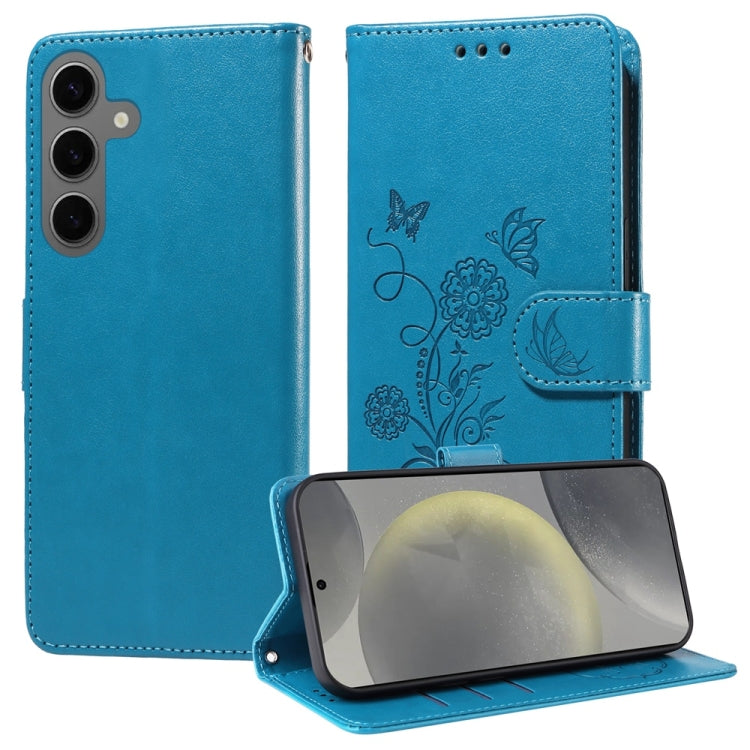 For Samsung Galaxy S25 5G Embossed Butterfly Flowers Leather Phone Case(Blue) - Galaxy S25 5G Cases by PMC Jewellery | Online Shopping South Africa | PMC Jewellery | Buy Now Pay Later Mobicred