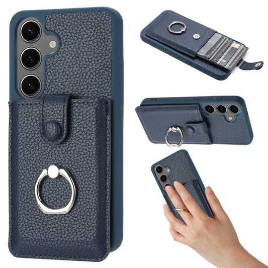 For Samsung Galaxy S25 5G Litchi Texture Drawing Card Bag Ring Holder Phone Case(Blue) - Galaxy S25 5G Cases by PMC Jewellery | Online Shopping South Africa | PMC Jewellery | Buy Now Pay Later Mobicred