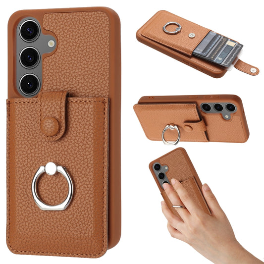 For Samsung Galaxy S25+ 5G Litchi Texture Drawing Card Bag Ring Holder Phone Case(Brown) - Galaxy S25+ 5G Cases by PMC Jewellery | Online Shopping South Africa | PMC Jewellery | Buy Now Pay Later Mobicred