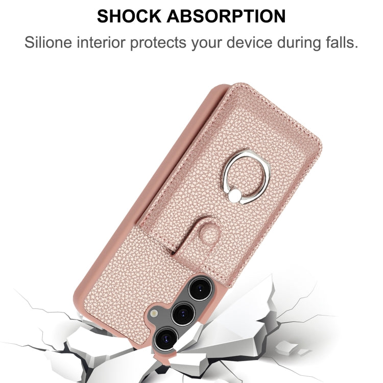 For Samsung Galaxy S25+ 5G Litchi Texture Drawing Card Bag Ring Holder Phone Case(Black) - Galaxy S25+ 5G Cases by PMC Jewellery | Online Shopping South Africa | PMC Jewellery | Buy Now Pay Later Mobicred