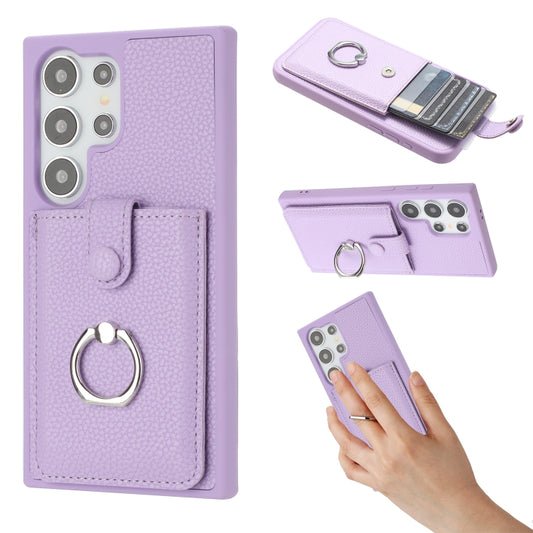 For Samsung Galaxy S25 Ultra 5G Litchi Texture Drawing Card Bag Ring Holder Phone Case(Purple) - Galaxy S25 Ultra 5G Cases by PMC Jewellery | Online Shopping South Africa | PMC Jewellery | Buy Now Pay Later Mobicred