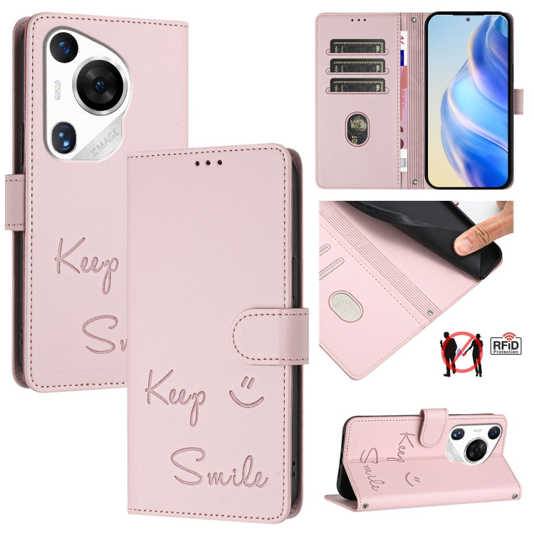 For Huawei Pura 70 Pro Smile Embossing RFID Leather Phone Case(Pink) - Huawei Cases by PMC Jewellery | Online Shopping South Africa | PMC Jewellery | Buy Now Pay Later Mobicred