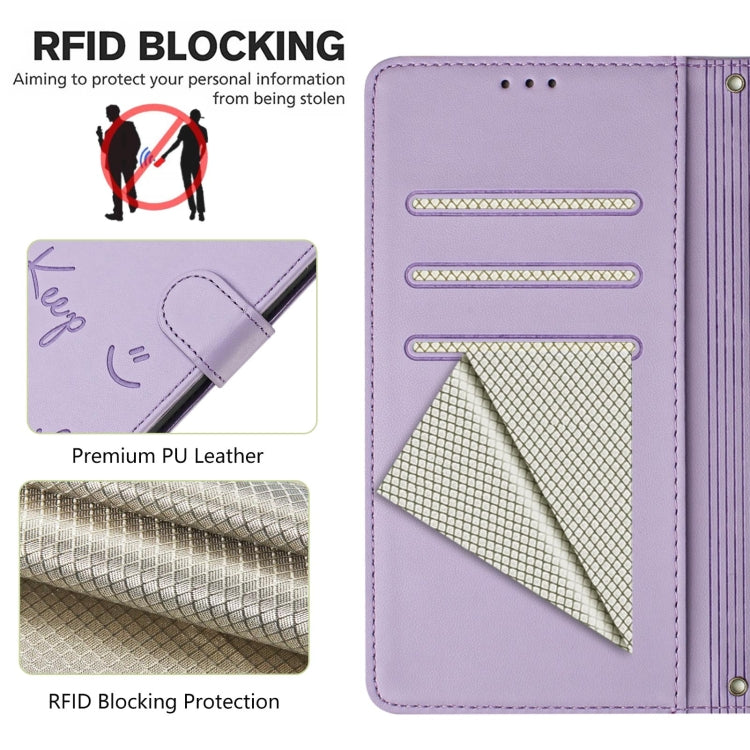 For Huawei Pura 70 Pro Smile Embossing RFID Leather Phone Case(Light Purple) - Huawei Cases by PMC Jewellery | Online Shopping South Africa | PMC Jewellery | Buy Now Pay Later Mobicred