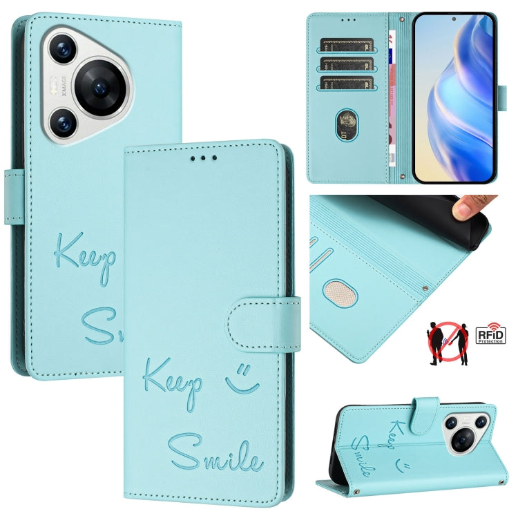 For Huawei Pura 70 Smile Embossing RFID Leather Phone Case(Mint Green) - Huawei Cases by PMC Jewellery | Online Shopping South Africa | PMC Jewellery | Buy Now Pay Later Mobicred