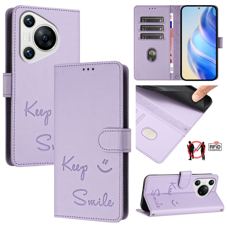 For Huawei Pura 70 Smile Embossing RFID Leather Phone Case(Light Purple) - Huawei Cases by PMC Jewellery | Online Shopping South Africa | PMC Jewellery | Buy Now Pay Later Mobicred