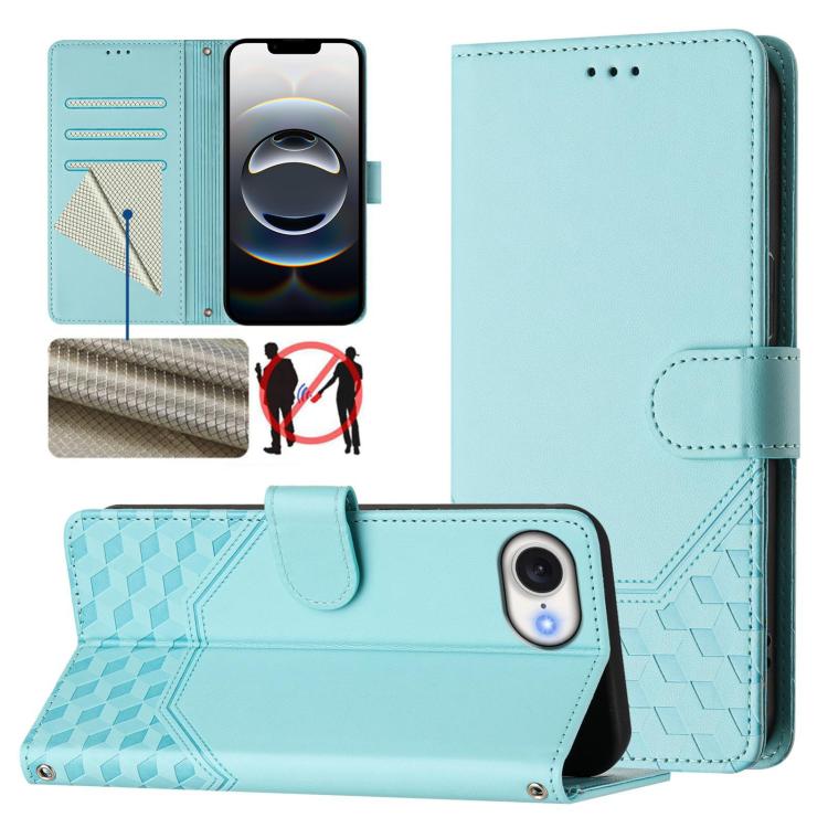 For iPhone 16e Honeycomb Embossing RFID Leather Phone Case(Mint Green) - iPhone 16e Cases by PMC TechLife | Online Shopping South Africa | PMC TechLife | Buy Now Pay Later Mobicred