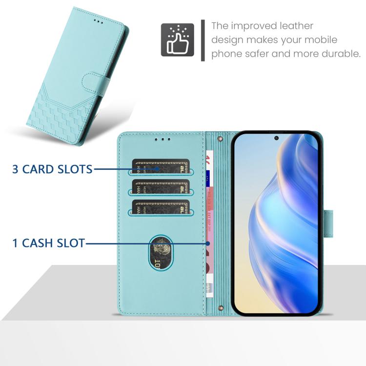 For iPhone 16e Honeycomb Embossing RFID Leather Phone Case(Mint Green) - iPhone 16e Cases by PMC TechLife | Online Shopping South Africa | PMC TechLife | Buy Now Pay Later Mobicred