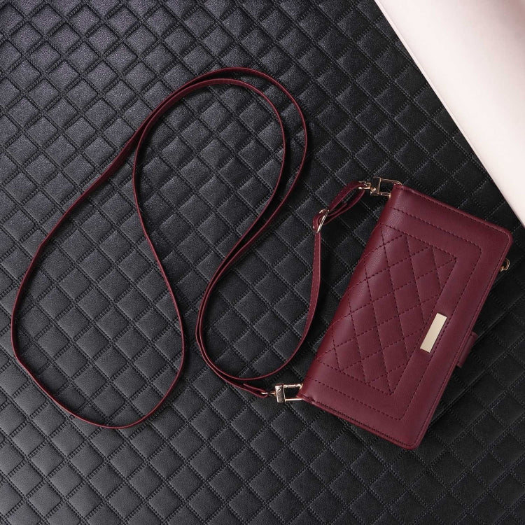 For iPhone 16 Pro Crossbody Zipper Wallet Rhombus Leather Phone Case(Wine Red) - iPhone 16 Pro Cases by PMC Jewellery | Online Shopping South Africa | PMC Jewellery | Buy Now Pay Later Mobicred