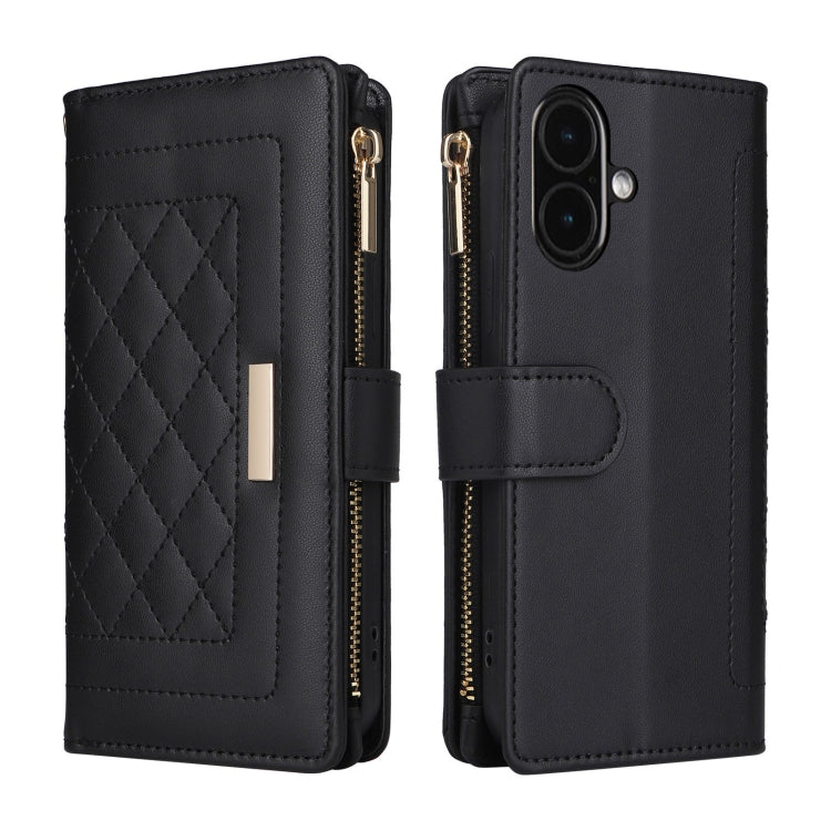 For iPhone 16 Plus Crossbody Zipper Wallet Rhombus Leather Phone Case(Black) - iPhone 16 Plus Cases by PMC Jewellery | Online Shopping South Africa | PMC Jewellery | Buy Now Pay Later Mobicred