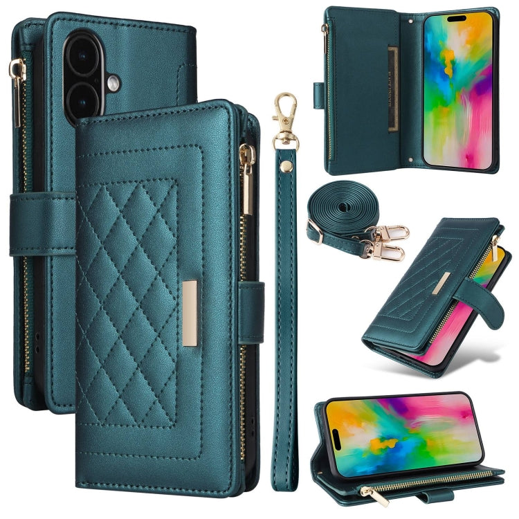 For iPhone 16 Crossbody Zipper Wallet Rhombus Leather Phone Case(Green) - iPhone 16 Cases by PMC Jewellery | Online Shopping South Africa | PMC Jewellery | Buy Now Pay Later Mobicred