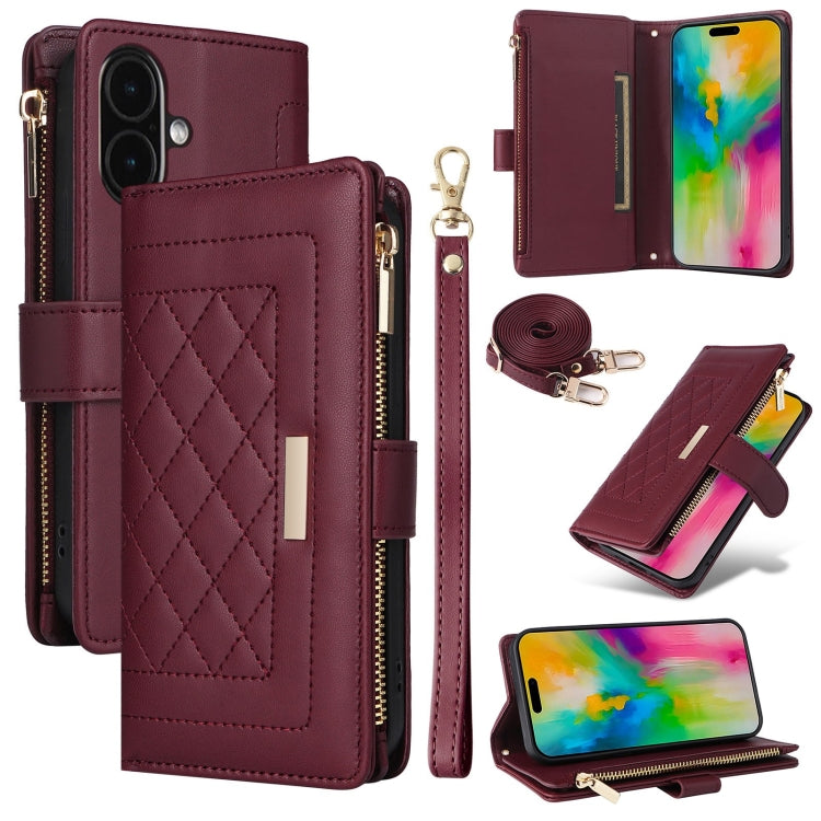 For iPhone 16 Crossbody Zipper Wallet Rhombus Leather Phone Case(Wine Red) - iPhone 16 Cases by PMC Jewellery | Online Shopping South Africa | PMC Jewellery | Buy Now Pay Later Mobicred