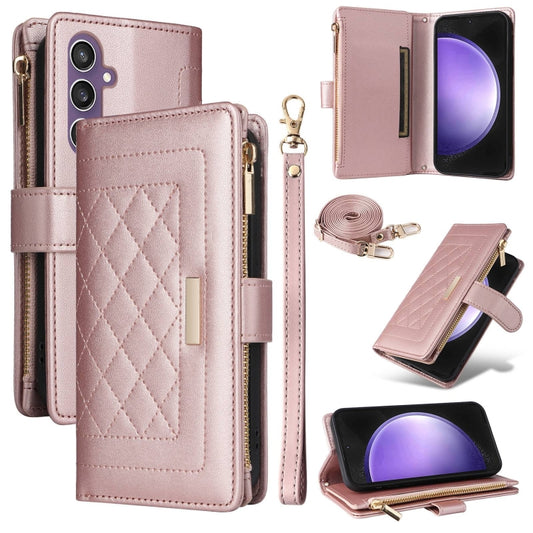 For Samsung Galaxy S24 FE 5G Crossbody Zipper Wallet Rhombus Leather Phone Case(Rose Gold) - Galaxy S24 FE 5G Cases by PMC Jewellery | Online Shopping South Africa | PMC Jewellery | Buy Now Pay Later Mobicred