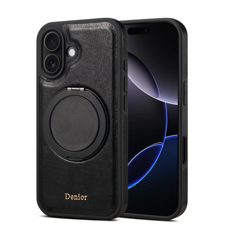 For iPhone 16 Plus Denior A17 Genuine Leather Gear Magnetic Holder Phone Case(Black) - free shipping - PMC Jewellery - Order now!
