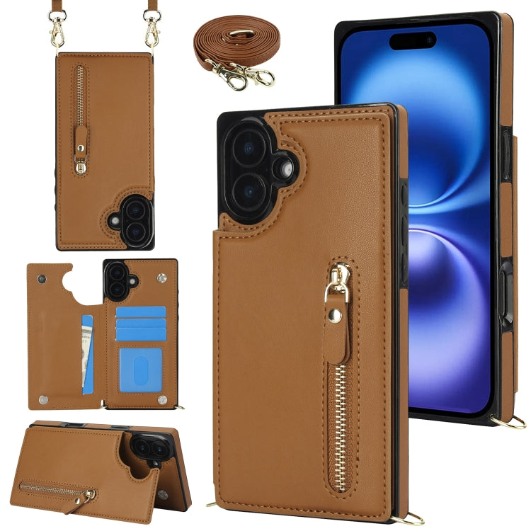 For iPhone 16 Plus Cross-body Zipper Square Phone Case(Brown) - iPhone 16 Plus Cases by PMC Jewellery | Online Shopping South Africa | PMC Jewellery | Buy Now Pay Later Mobicred