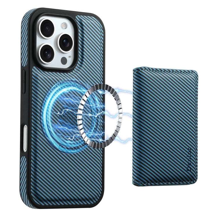 For iPhone 16 Pro Denior Carbon Fiber Texture Leather Card Bag MagSafe Phone Case(Blue) - iPhone 16 Pro Cases by Denior | Online Shopping South Africa | PMC Jewellery | Buy Now Pay Later Mobicred