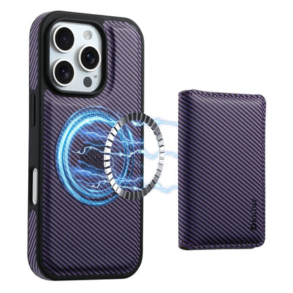 For iPhone 16 Pro Denior Carbon Fiber Texture Leather Card Bag MagSafe Phone Case(Purple) - iPhone 16 Pro Cases by Denior | Online Shopping South Africa | PMC Jewellery | Buy Now Pay Later Mobicred