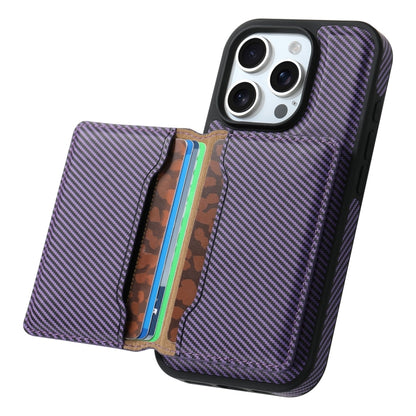 For iPhone 16 Pro Denior Carbon Fiber Texture Leather Card Bag MagSafe Phone Case(Purple) - iPhone 16 Pro Cases by Denior | Online Shopping South Africa | PMC Jewellery | Buy Now Pay Later Mobicred