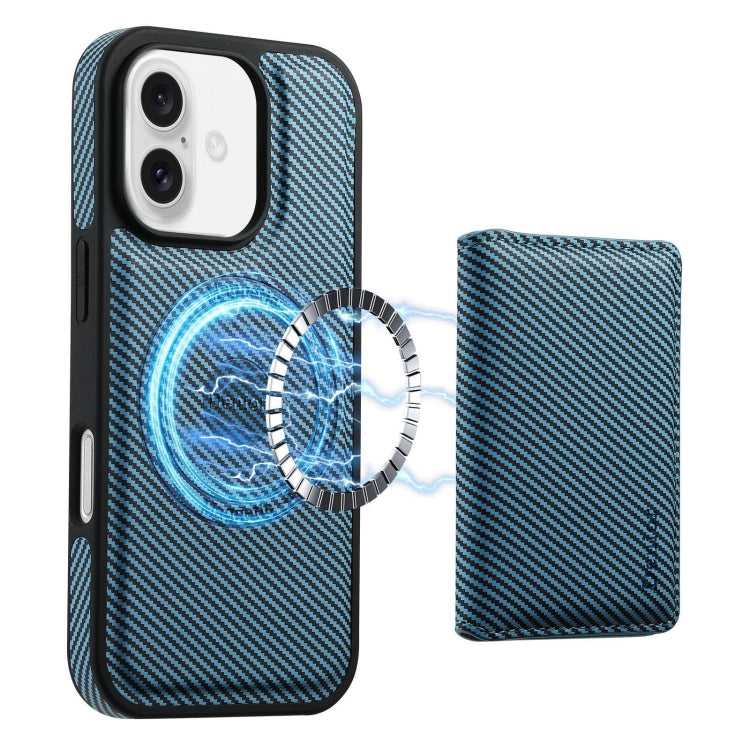 For iPhone 16 Plus Denior Carbon Fiber Texture Leather Card Bag MagSafe Phone Case(Blue) - iPhone 16 Plus Cases by Denior | Online Shopping South Africa | PMC Jewellery | Buy Now Pay Later Mobicred