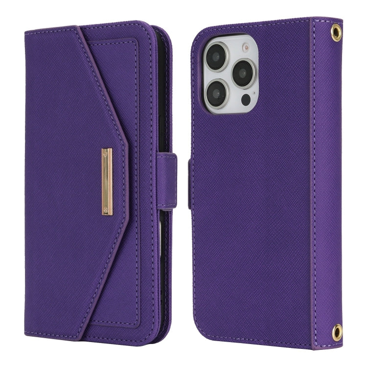 For iPhone 16 Pro Max Cross Texture Crossbody Lanyard Leather Phone Case(Purple) - iPhone 16 Pro Max Cases by PMC Jewellery | Online Shopping South Africa | PMC Jewellery | Buy Now Pay Later Mobicred