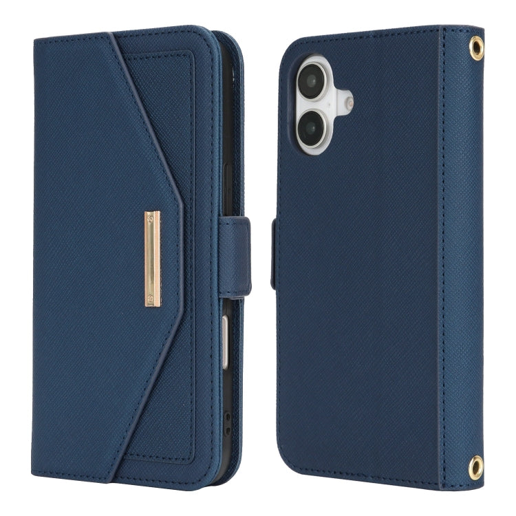 For iPhone 16 Plus Cross Texture Crossbody Lanyard Leather Phone Case(Blue) - free shipping - PMC Jewellery - Order now!