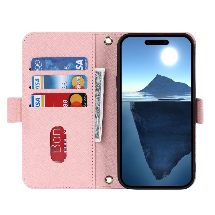 For iPhone 16 Cross Texture Crossbody Lanyard Leather Phone Case(Pink) - iPhone 16 Cases by PMC Jewellery | Online Shopping South Africa | PMC Jewellery | Buy Now Pay Later Mobicred