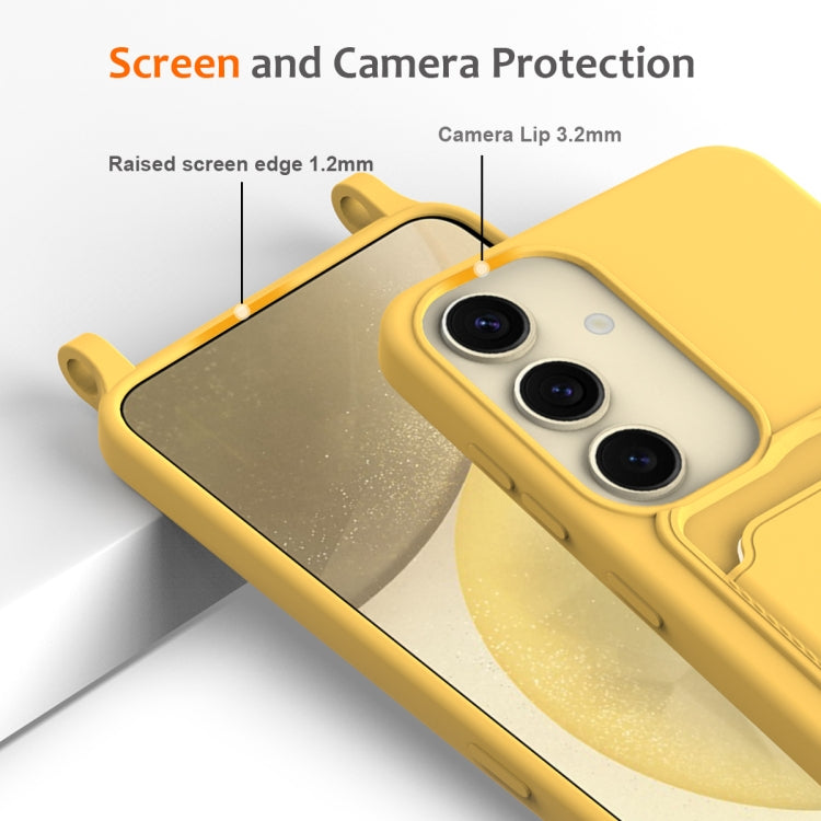 For Samsung Galaxy S25 5G Integrated Card Bag Solid Color Liquid Silicone Phone Case with Lanyard(Yellow) - Galaxy S25 5G Cases by PMC Jewellery | Online Shopping South Africa | PMC Jewellery | Buy Now Pay Later Mobicred