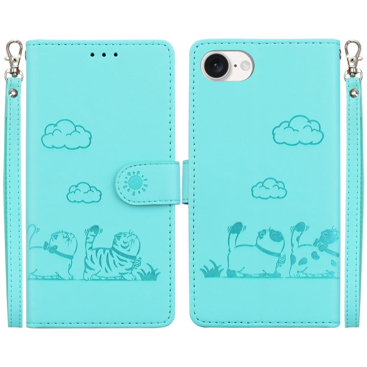 For iPhone 16e Cute Cats RFID Leather Phone Case(Green) - iPhone 16e Cases by PMC TechLife | Online Shopping South Africa | PMC TechLife | Buy Now Pay Later Mobicred