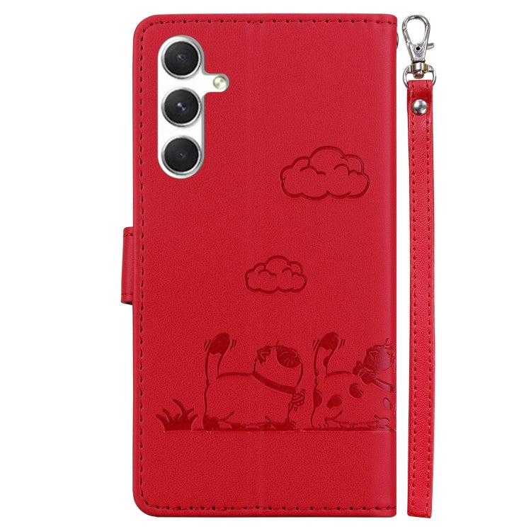 For Samsung Galaxy S25 5G Cute Cats RFID Leather Phone Case(Red) - Galaxy S25 5G Cases by PMC Jewellery | Online Shopping South Africa | PMC Jewellery | Buy Now Pay Later Mobicred