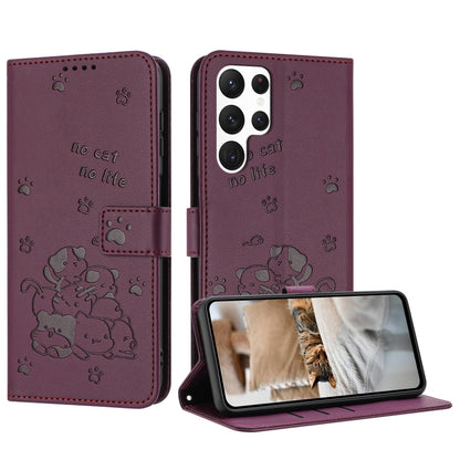 For Samsung Galaxy S25 Ultra 5G Embossed Kitten Phone Leather Case with Lanyard(Wine Red) - Galaxy S25 Ultra 5G Cases by PMC Jewellery | Online Shopping South Africa | PMC Jewellery | Buy Now Pay Later Mobicred