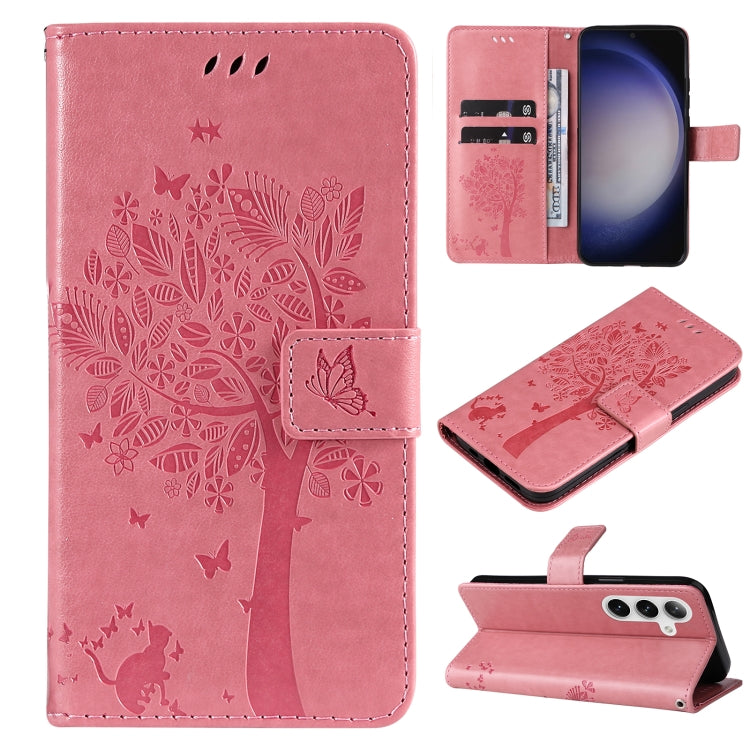 For Samsung Galaxy S25 / S24 5G Tree & Cat Embossed Pattern Flip Leather Phone Case(Pink) - Galaxy S25 5G Cases by PMC Jewellery | Online Shopping South Africa | PMC Jewellery | Buy Now Pay Later Mobicred