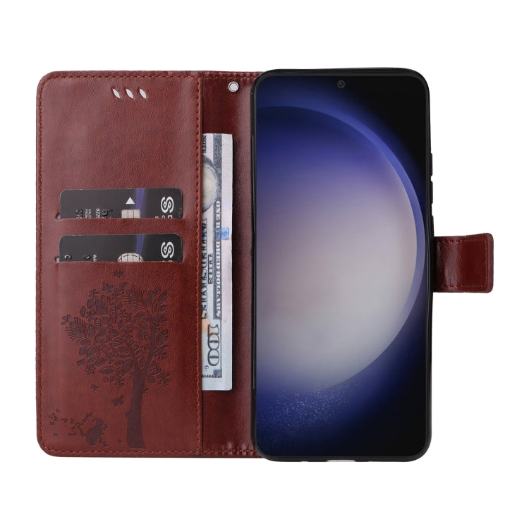 For Samsung Galaxy S25 / S24 5G Tree & Cat Embossed Pattern Flip Leather Phone Case(Coffee) - Galaxy S25 5G Cases by PMC Jewellery | Online Shopping South Africa | PMC Jewellery | Buy Now Pay Later Mobicred